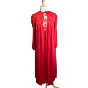 Vintage 80s Nightgown Robe Peignoir Set Red Nylon and Lace M 34" Bust